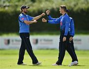 20 August 2020; Rory Anders of Leinster Lightning, left, is congratulated by team-mate Gareth Delany, right, after catching out Aaron Cawley of Munster Reds during the 2020 Test Triangle Inter-Provincial Series match between Leinster Lightning and Munster Reds at Pembroke Cricket Club in Dublin. Photo by Seb Daly/Sportsfile