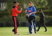 20 August 2020; Jack Tector of Munster Reds, left, and Kevin O’Brien of Leinster Lightning following the 2020 Test Triangle Inter-Provincial Series match between Leinster Lightning and Munster Reds at Pembroke Cricket Club in Dublin. Photo by Seb Daly/Sportsfile