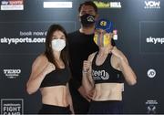 21 August 2020; Katie Taylor and Delfine Persoon after weighing in, at Matchroom Fight Camp in Brentwood, Essex, England, in advance of their Undisputed Lightweight Titles fight on Saturday night. Photo by Mark Robinson / Matchroom Boxing via Sportsfile