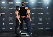 21 August 2020; Matchroom Boxing promoter Eddie Hearn with boxers Katie Taylor, left, and Delfine Persoon after weighing in, at Matchroom Fight Camp in Brentwood, Essex, England, in advance of their Undisputed Lightweight Titles fight on Saturday night. Photo by Mark Robinson / Matchroom Boxing via Sportsfile
