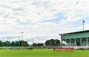 9 August 2020; The teams stand for Amhrán na bhFiann prior to the Mayo County Senior Football Championship Group 1 Round 3 match between Castlebar Mitchels and Breaffy at Páirc Josie Munnelly in Castlebar, Mayo. Photo by Brendan Moran/Sportsfile