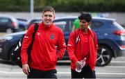 21 August 2020; Oscar Brennan, left, and Denzil Fernandes of Shelbourne arrive prior to the SSE Airtricity League Premier Division match between Shamrock Rovers and Shelbourne at Tallaght Stadium in Dublin. Photo by Stephen McCarthy/Sportsfile