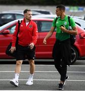 21 August 2020; Mark Byrne of Shelbourne and Graham Burke of Shamrock Rovers arrive prior to the SSE Airtricity League Premier Division match between Shamrock Rovers and Shelbourne at Tallaght Stadium in Dublin. Photo by Stephen McCarthy/Sportsfile