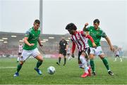 21 August 2020; Walter Figueira of Derry City in action against Charlie Fleming, left, and Scott Fenwick of Cork City during the SSE Airtricity League Premier Division match between Derry City and Cork City at the Ryan McBride Brandywell Stadium in Derry. Photo by Seb Daly/Sportsfile