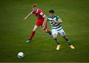 21 August 2020; Neil Farrugia of Shamrock Rovers in action against Shane Farrell of Shelbourne during the SSE Airtricity League Premier Division match between Shamrock Rovers and Shelbourne at Tallaght Stadium in Dublin. Photo by Stephen McCarthy/Sportsfile
