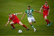 21 August 2020; Graham Burke of Shamrock Rovers in action against Sean Quinn, left, and Shane Farrell of Shelbourne during the SSE Airtricity League Premier Division match between Shamrock Rovers and Shelbourne at Tallaght Stadium in Dublin. Photo by Stephen McCarthy/Sportsfile