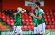 21 August 2020; Kevin O'Connor of Cork City, left, reacts after shooting narrowly wide from a freekick during the SSE Airtricity League Premier Division match between Derry City and Cork City at the Ryan McBride Brandywell Stadium in Derry. Photo by Seb Daly/Sportsfile