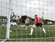 21 August 2020; Joseph Olowu of Cork City, left, shoots to score his side's first goal during the SSE Airtricity League Premier Division match between Derry City and Cork City at the Ryan McBride Brandywell Stadium in Derry. Photo by Seb Daly/Sportsfile