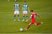 21 August 2020; Graham Burke, left, and Jack Byrne of Shamrock Rovers defend a free-kick from Dayle Rooney of Shelbourne during the SSE Airtricity League Premier Division match between Shamrock Rovers and Shelbourne at Tallaght Stadium in Dublin. Photo by Stephen McCarthy/Sportsfile