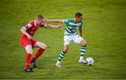 21 August 2020; Graham Burke of Shamrock Rovers in action against Sean Quinn of Shelbourne during the SSE Airtricity League Premier Division match between Shamrock Rovers and Shelbourne at Tallaght Stadium in Dublin. Photo by Stephen McCarthy/Sportsfile