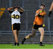 21 August 2020; Sean Quilter of Austin Stacks celebrates kicking the equalising score in normal time as Micheál Burns of Dr Crokes reacts during the Kerry County Senior Football Championship Round 1 match between Dr Crokes and Austin Stacks at Austin Stack Park in Tralee, Kerry. Photo by Brendan Moran/Sportsfile