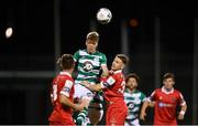 21 August 2020; Rhys Marshall of Shamrock Rovers in action against Mark Byrne of Shelbourne during the SSE Airtricity League Premier Division match between Shamrock Rovers and Shelbourne at Tallaght Stadium in Dublin. Photo by Stephen McCarthy/Sportsfile