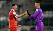 21 August 2020; Shelbourne's Dan Byrne and goalkeeper Colin McCabe following the SSE Airtricity League Premier Division match between Shamrock Rovers and Shelbourne at Tallaght Stadium in Dublin. Photo by Stephen McCarthy/Sportsfile