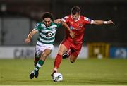 21 August 2020; Roberto Lopes of Shamrock Rovers in action against Aaron Dobbs of Shelbourne during the SSE Airtricity League Premier Division match between Shamrock Rovers and Shelbourne at Tallaght Stadium in Dublin. Photo by Stephen McCarthy/Sportsfile