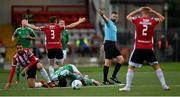 21 August 2020; Referee Paul McLaughlin signals a freekick, much to the disbelief of Derry City players, during the SSE Airtricity League Premier Division match between Derry City and Cork City at the Ryan McBride Brandywell Stadium in Derry. Photo by Seb Daly/Sportsfile