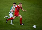21 August 2020; Sean Quinn of Shelbourne in action against Jack Byrne of Shamrock Rovers during the SSE Airtricity League Premier Division match between Shamrock Rovers and Shelbourne at Tallaght Stadium in Dublin. Photo by Stephen McCarthy/Sportsfile