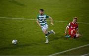 21 August 2020; Jack Byrne of Shamrock Rovers in action against Shane Farrell of Shelbourne during the SSE Airtricity League Premier Division match between Shamrock Rovers and Shelbourne at Tallaght Stadium in Dublin. Photo by Stephen McCarthy/Sportsfile