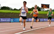 22 August 2020; Michael Morgan of Sligo AC, left, on his way to winning the Junior Men's 5000m event, ahead of Aaron Smith of Cilles AC,  centre, and Tony Mccambridge of St Malachys AC, during Day One of the Irish Life Health National Senior and U23 Athletics Championships at Morton Stadium in Santry, Dublin. Photo by Sam Barnes/Sportsfile