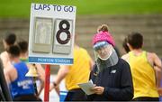 22 August 2020; Official Anne McHugh keeps count of the laps whilst wearing PPE during Day One of the Irish Life Health National Senior and U23 Athletics Championships at Morton Stadium in Santry, Dublin. Photo by Sam Barnes/Sportsfile