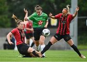 22 August 2020; Eleanor Ryan-Doyle of Peamount United is tackled by Aisling Spillane, left, and Chloe Flynn of Bohemians during the Women's National League match between Bohemians and Peamount United at Oscar Traynor Centre in Dublin. Photo by Ramsey Cardy/Sportsfile