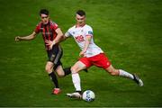 22 August 2020; Luke McNally of St Patrick's Athletic in action against Dawson Devoy of Bohemians during the SSE Airtricity League Premier Division match between Bohemians and St Patrick's Athletic at Dalymount Park in Dublin. Photo by Stephen McCarthy/Sportsfile