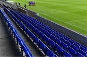 22 August 2020; Na Fianna players before the start of the match, in front of empty seats in the stand as the match was closed to the public, at the Dublin County Senior A Hurling Championship Quarter-Final match between Na Fianna and Faughs at Parnell Pa Photo by Piaras Ó Mídheach/Sportsfile