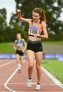 22 August 2020; Holly Brennan of Cilles AC, Meath, celebrates winning the Junior Women's 5000m during Day One of the Irish Life Health National Senior and U23 Athletics Championships at Morton Stadium in Santry, Dublin. Photo by Sam Barnes/Sportsfile