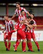 22 August 2020; Regan Donelan of Sligo Rovers, second right, is congratulated by team-mates after scoring his side's first goal during the SSE Airtricity League Premier Division match between Sligo Rovers and Dundalk at The Showgrounds in Sligo. Photo by Seb Daly/Sportsfile