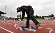 22 August 2020; Official Jacqueline Mulhall sanitises a set of blocks between races during Day One of the Irish Life Health National Senior and U23 Athletics Championships at Morton Stadium in Santry, Dublin. Photo by Sam Barnes/Sportsfile