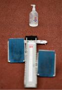 22 August 2020; Hand Sanitiser is seen beside a set of starting blocks during Day One of the Irish Life Health National Senior and U23 Athletics Championships at Morton Stadium in Santry, Dublin. Photo by Sam Barnes/Sportsfile