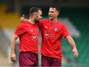 22 August 2020; Stephen Chambers of Killester Donnycarney celebrates with team-mate Josh Scully after scoring his side's first goal during the New Balance FAI Intermediate Cup Final match between St Mochta's and Killester Donnycarney at Tallaght Stadium in Dublin. Photo by Eóin Noonan/Sportsfile