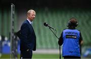 22 August 2020; Leinster head coach Leo Cullen is interviewed ahead of the Guinness PRO14 Round 14 match between Leinster and Munster at the Aviva Stadium in Dublin. Photo by Ramsey Cardy/Sportsfile