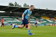 22 August 2020; Gareth McCaffery of St Mochtas celebrates after team-mate Karl Somers scored his side's first goal during the New Balance FAI Intermediate Cup Final match between St Mochta's and Killester Donnycarney at Tallaght Stadium in Dublin. Photo by Eóin Noonan/Sportsfile