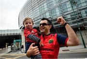 22 August 2020; Munster supporter Jamie Murphy with his son Jim, age 2, from Cork outside the ground prior to the Guinness PRO14 Round 14 match between Leinster and Munster at the Aviva Stadium in Dublin. Photo by David Fitzgerald/Sportsfile