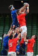 22 August 2020; Caelan Doris of Leinster contests a line-out with RG Snyman of Munster during the Guinness PRO14 Round 14 match between Leinster and Munster at the Aviva Stadium in Dublin. Photo by Ramsey Cardy/Sportsfile