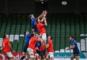 22 August 2020; Caelan Doris of Leinster contests a line-out with RG Snyman of Munster during the Guinness PRO14 Round 14 match between Leinster and Munster at the Aviva Stadium in Dublin. Photo by Ramsey Cardy/Sportsfile
