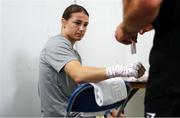 22 August 2020; Katie Taylor is strapped up in her dressing room prior to her Undisputed Lightweight Titles fight against Delfine Persoon at Brentwood in Essex, England. Photo by Mark Robinson / Matchroom Boxing via Sportsfile
