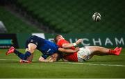 22 August 2020; Jordan Larmour of Leinster in action against Andrew Conway of Munster during the Guinness PRO14 Round 14 match between Leinster and Munster at the Aviva Stadium in Dublin. Photo by David Fitzgerald/Sportsfile