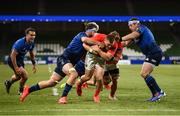 22 August 2020; Andrew Conway of Munster scores his side's third try despite the attention of Caelan Doris, left, and Seán Cronin of Leinster during the Guinness PRO14 Round 14 match between Leinster and Munster at the Aviva Stadium in Dublin. Photo by Stephen McCarthy/Sportsfile