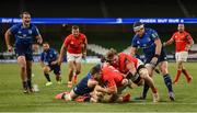 22 August 2020; Andrew Conway of Munster scores his side's third try despite the attention of Caelan Doris, left, and Seán Cronin of Leinster during the Guinness PRO14 Round 14 match between Leinster and Munster at the Aviva Stadium in Dublin. Photo by Stephen McCarthy/Sportsfile