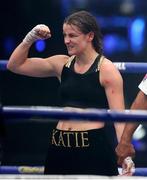 22 August 2020; Katie Taylor celebrates her victory over Delfine Persoon during their Undisputed Lightweight Titles fight at Brentwood in Essex, England. Photo by Mark Robinson / Matchroom Boxing via Sportsfile