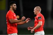22 August 2020; Damian de Allende, left, and Keith Earls of Munster during the Guinness PRO14 Round 14 match between Leinster and Munster at the Aviva Stadium in Dublin. Photo by David Fitzgerald/Sportsfile