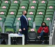 22 August 2020; Leinster Senior Communications & Media Manager Marcus Ó Buachalla and Munster Communications Manager Fiona Murphy ahead of the Guinness PRO14 Round 14 match between Leinster and Munster at the Aviva Stadium in Dublin. Photo by Ramsey Cardy/Sportsfile