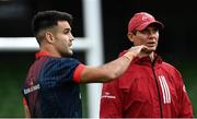 22 August 2020; Conor Murray of Munster in conversation with Munster senior coach Stephen Larkham ahead of the Guinness PRO14 Round 14 match between Leinster and Munster at the Aviva Stadium in Dublin. Photo by Ramsey Cardy/Sportsfile