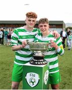 23 August 2020; Killarney Celtic joint captains Terry Sparling, Left, and Evan Looney with the cup following the FAI Youth Cup Final match between Killarney Celtic and Douglas Hall at Mounthawk Park in Tralee, Kerry. Photo by Michael P Ryan/Sportsfile