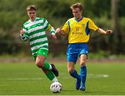 23 August 2020; Anton Frank of Douglas Hall in action against Evan Looney of Killarney Celtic during the FAI Youth Cup Final match between Killarney Celtic and Douglas Hall at Mounthawk Park in Tralee, Kerry. Photo by Michael P Ryan/Sportsfile