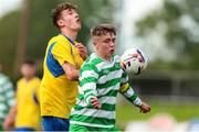 23 August 2020; Evan Looney of Killarney Celtic in action against Cormac Kelly of Douglas Hall during the FAI Youth Cup Final match between Killarney Celtic and Douglas Hall at Mounthawk Park in Tralee, Kerry. Photo by Michael P Ryan/Sportsfile
