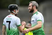 23 August 2020; Lucan Sarsfields players Matt McCaffrey, left, and Peter Kelly celebrate after the Dublin County Senior A Hurling Championship Quarter-Final match between Kilmacud Crokes and Lucan Sarsfields at Parnell Park in Dublin. Photo by Piaras Ó Mídheach/Sportsfile