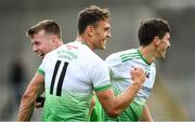 23 August 2020; Chris Crummey of Lucan Sarsfields, centre, celebrates with team-mates Daire Newcombe, left, and Paul Crummey after the Dublin County Senior A Hurling Championship Quarter-Final match between Kilmacud Crokes and Lucan Sarsfields at Parnell Park in Dublin. Photo by Piaras Ó Mídheach/Sportsfile