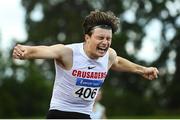 23 August 2020; Matthew Behan of Crusaders AC, Dublin, celebrates after winning the Men's 400m Hurdles during Day Two of the Irish Life Health National Senior and U23 Athletics Championships at Morton Stadium in Santry, Dublin. Photo by Sam Barnes/Sportsfile